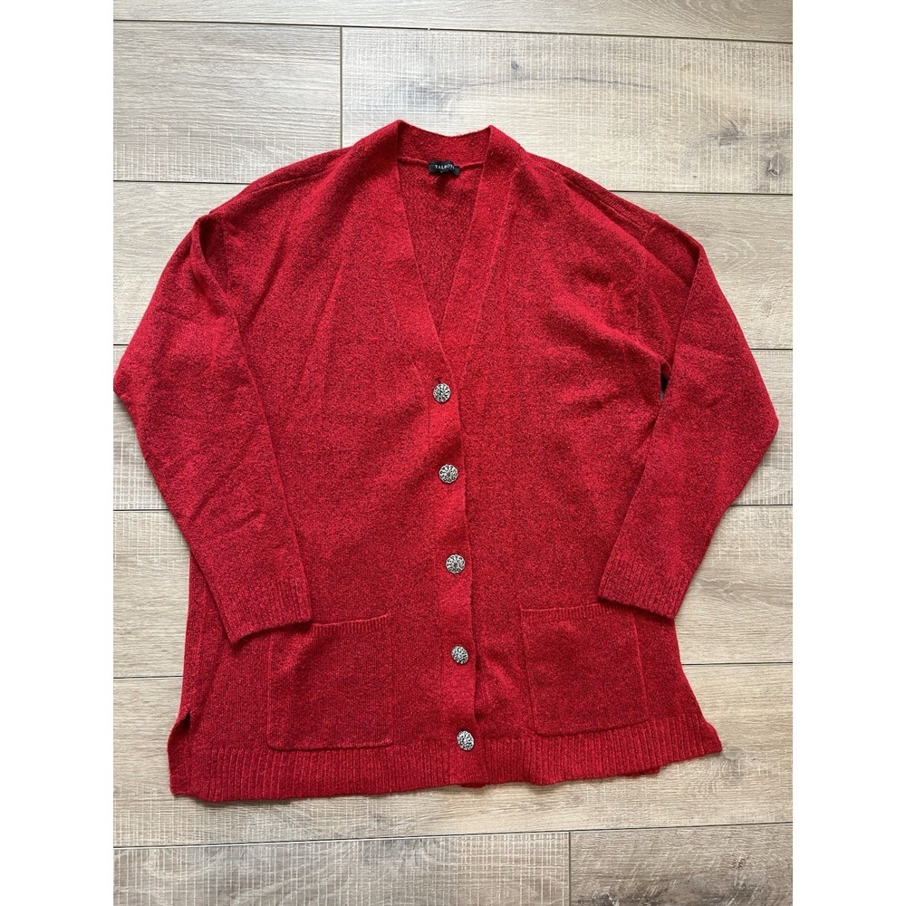 Talbots Cardigan Sweater Sz M Red Gold Button V-neck‎ Mid length Pockets Womens
